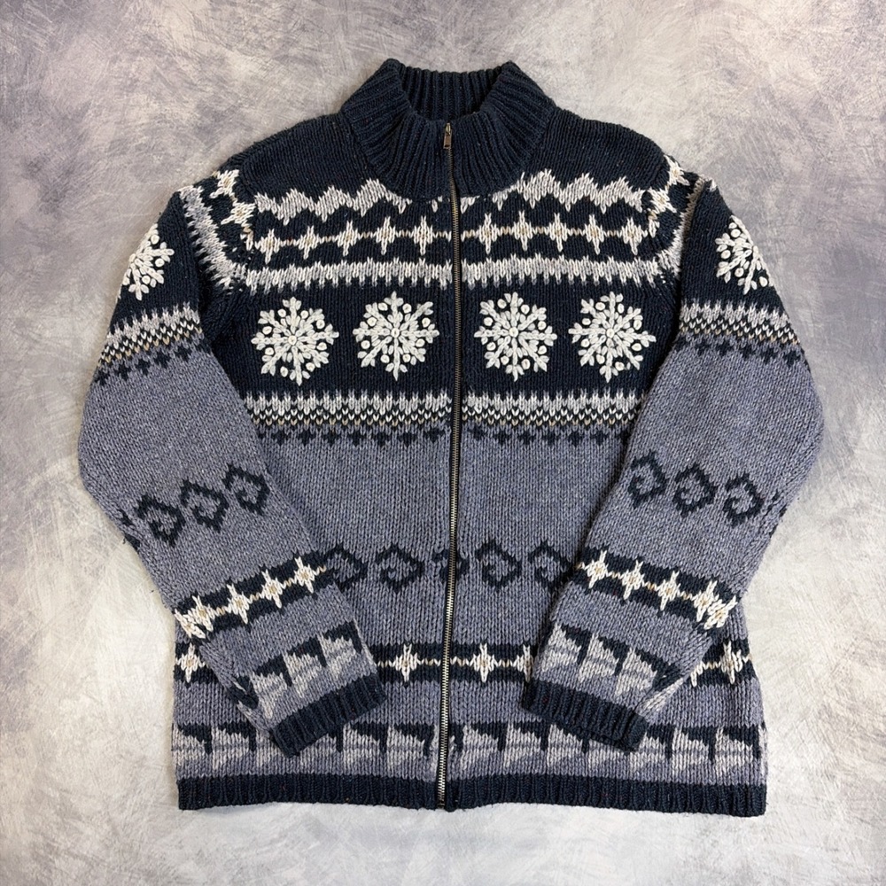 Vintage Basic Editions Sweater Womens XL Blue Snowflake Fair Isle Zip Cardigan